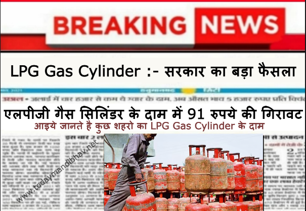 LPG Gas Cylinder :- सरकार का बड़ा फैसला, एलपीजी गैस सिलिंडर के दाम में 91 रुपये की गिरावट