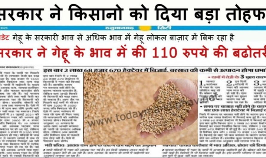 Wheat Rate :- गेहू मंडी भाव. सरकार ने गेहू के भाव में की 110 रुपये की बढोतरी, यहा देखे मध्य प्रदेश और राजस्थान के गेहू मंडी भाव